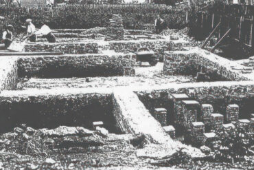Black and white photo of Newport Roman villa excavation