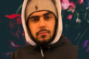 Bouquet of flowers on a dark background with photo of Lucas Strutt on top