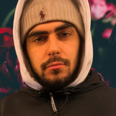 Bouquet of flowers on a dark background with photo of Lucas Strutt on top