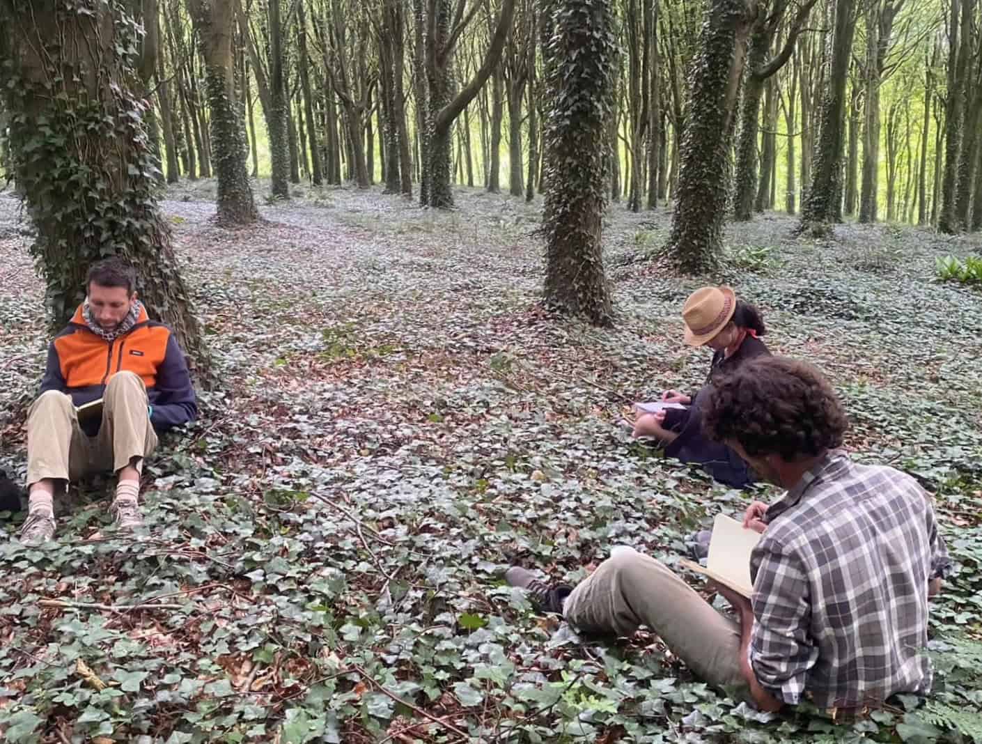 Three people sat down and drawing in the woods