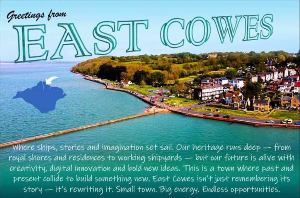 East Cowes postcard shows aerial view of the town along with some blurb about their bid
