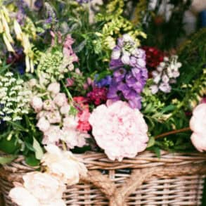 A variety of garden Flowers in a basket