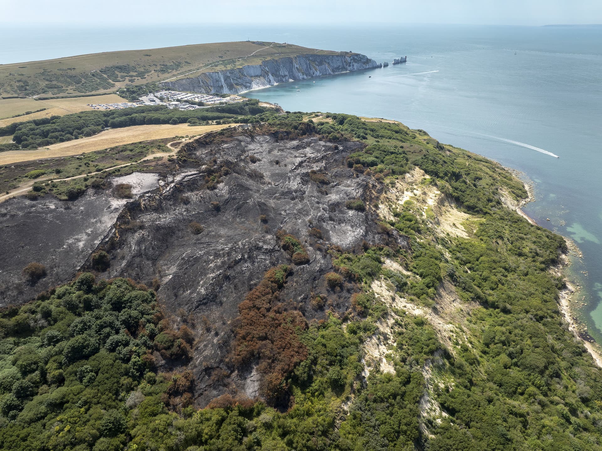 Aftermath and damage from a fire at Headon Warren on the Isle of Wight