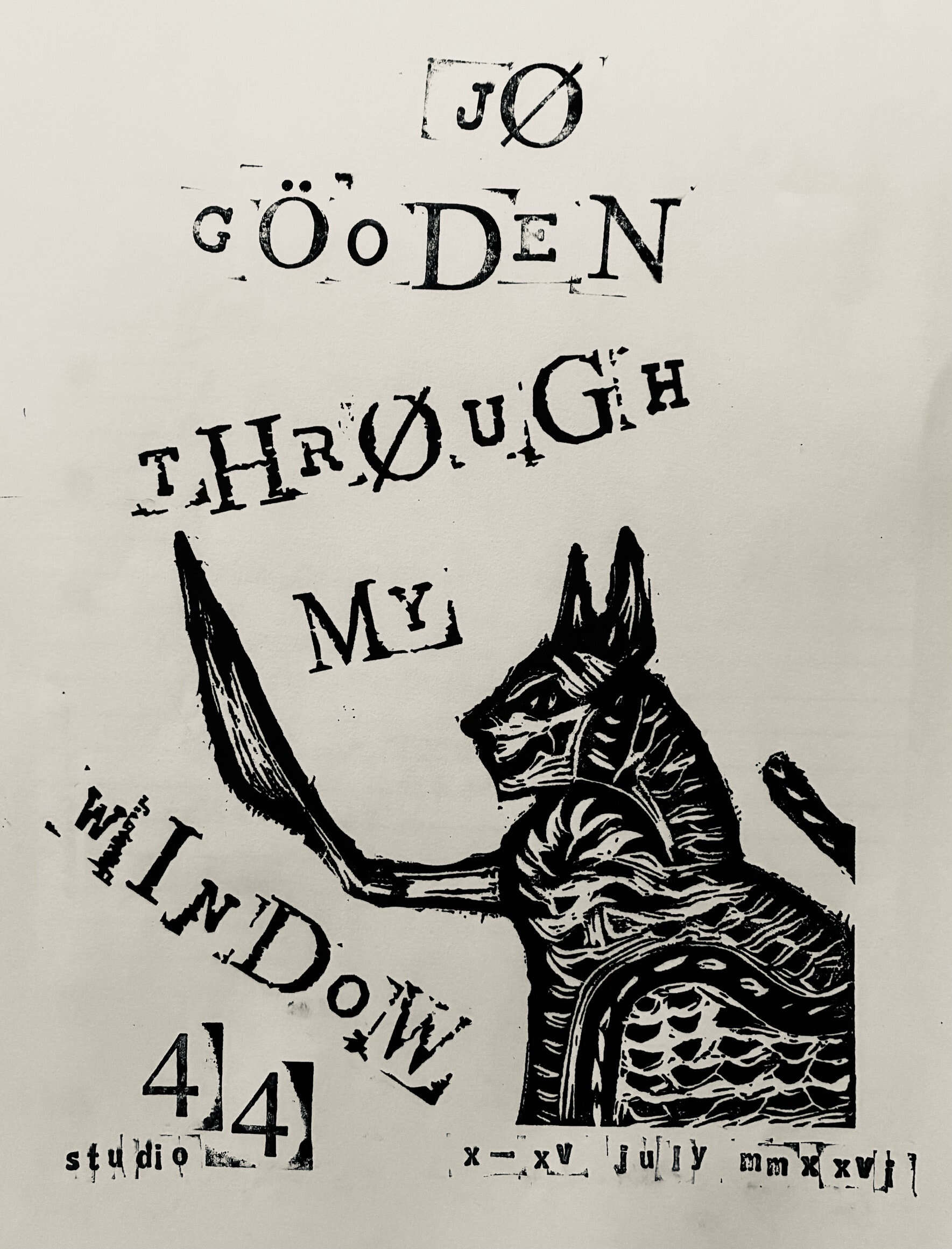 Jo Gooden poster for Cat exhibition with linocut cat and text detailing name of exhibition and location and date