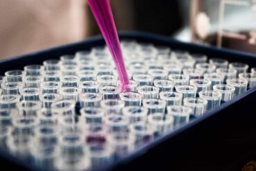 Lab technician putting liquid into test tubes