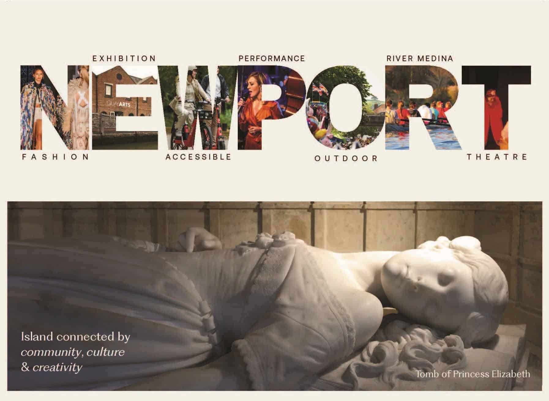 Front of Newport's postcard showing images in the letters of Newport and a statue of a princess