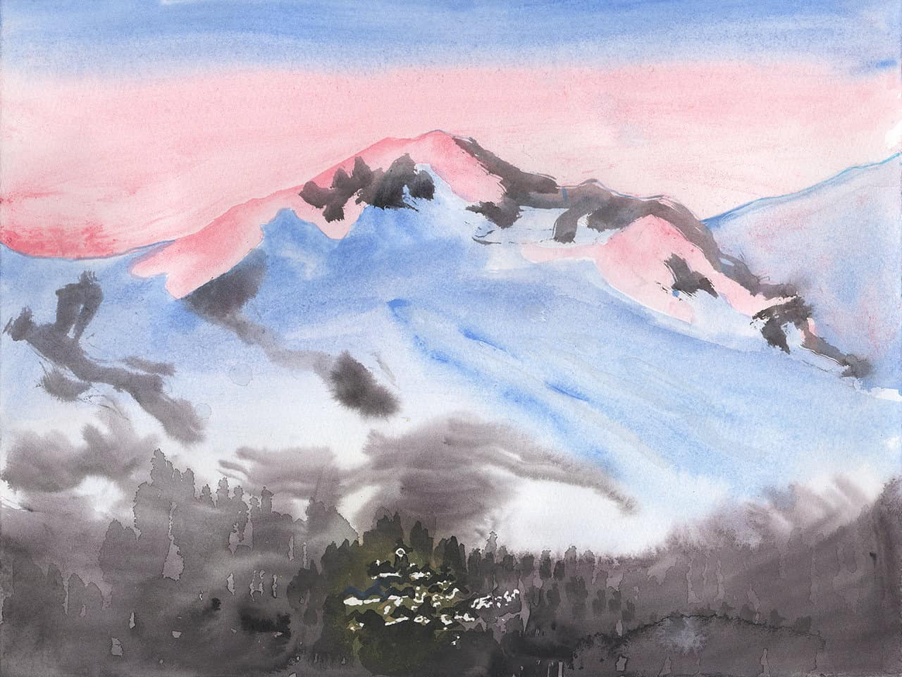 Pink, blue and grey painting of a mountain scene