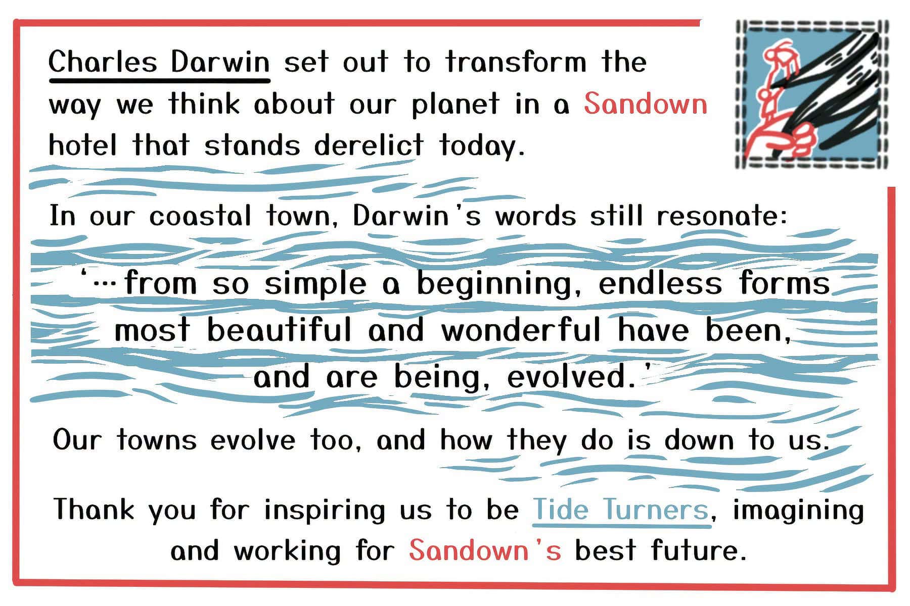 Back of Sandown's postcard with text about the town being tide turners