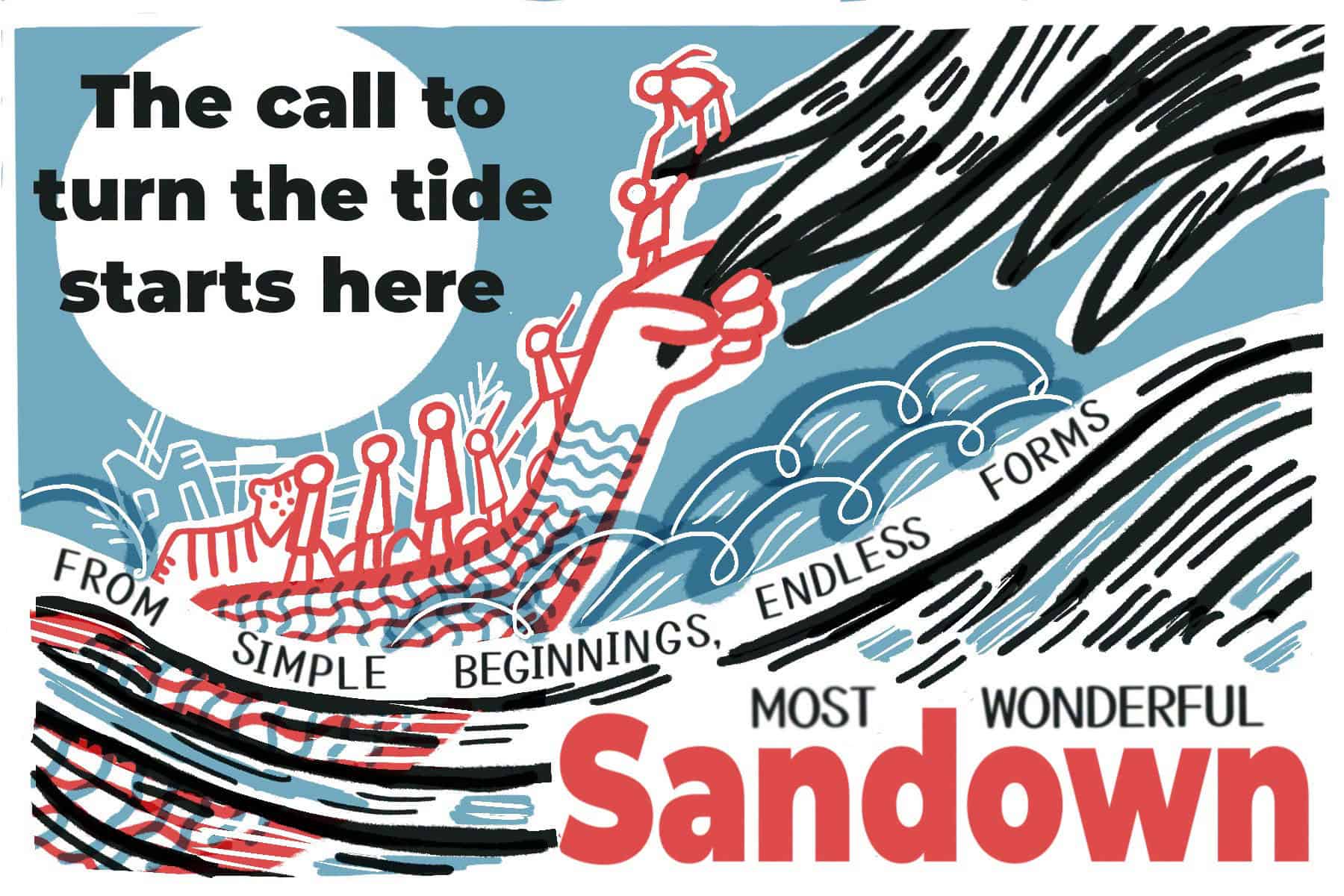 front of Sandown's postcard, linocut print with image of viking ship and text