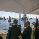 View from the Squadron of the start of Round the Island Race 2026 in Cowes with judges looking out to sea