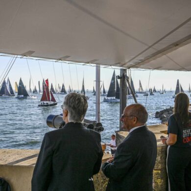 View from the Squadron of the start of Round the Island Race 2026 in Cowes with judges looking out to sea