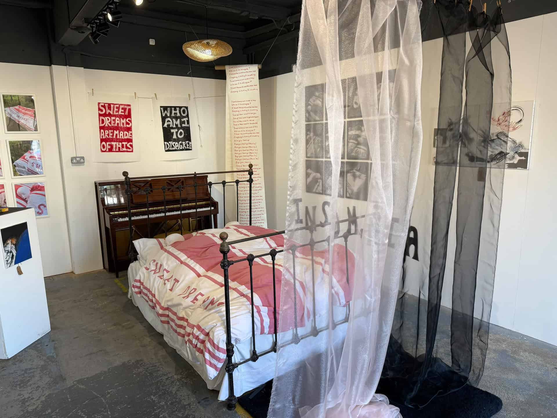 Sweet Dreams exhibition showing the bed and piano