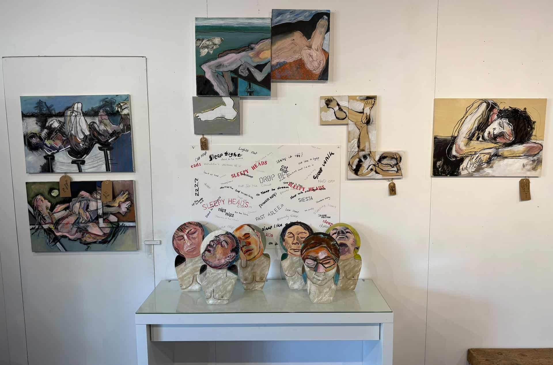 A selection of Sandy's paintings and sculptures at the Sweet Dreams exhibition