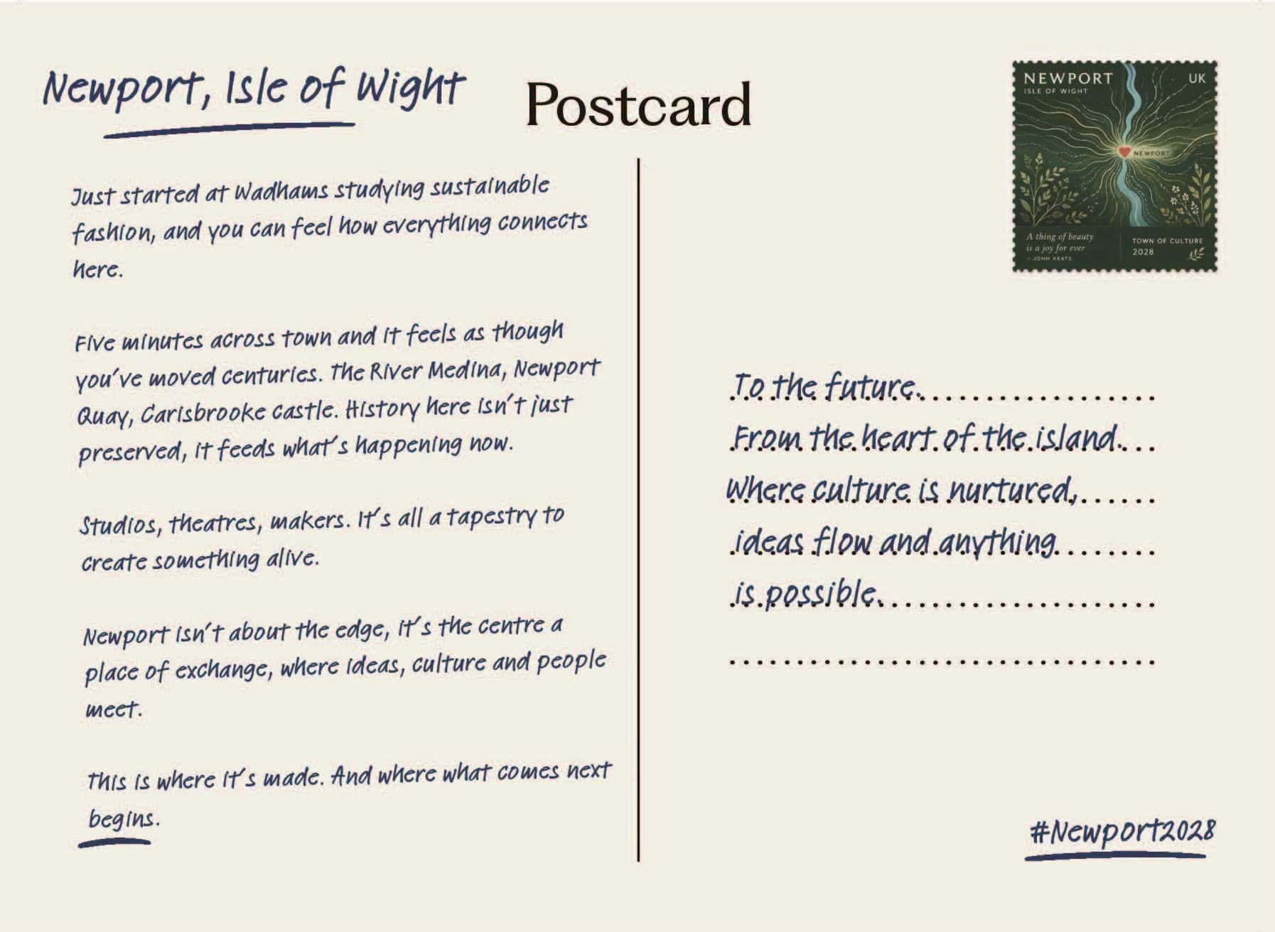Back of Newport's postcard explains what the bid is about