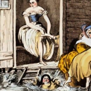 Illustration of victorian bathing hut with women swimming in the sea