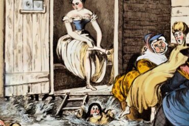 Illustration of victorian bathing hut with women swimming in the sea