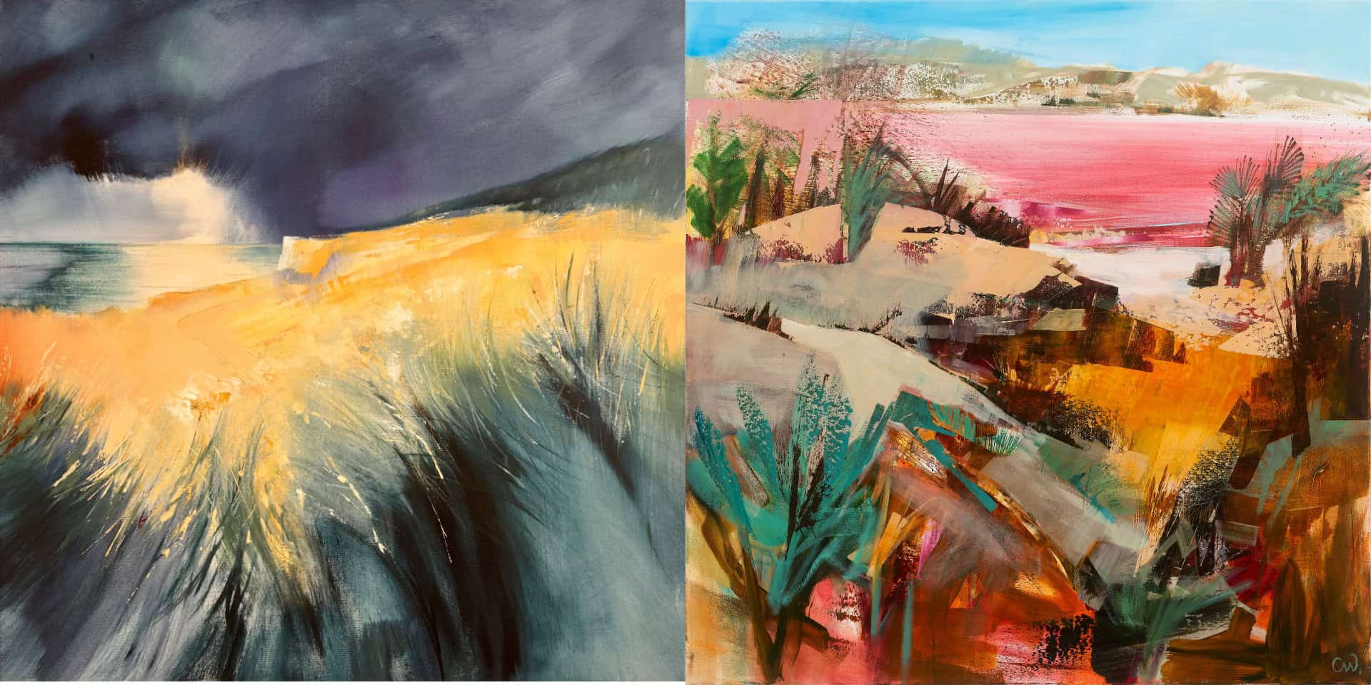 two paintings side by side, both abstract landscape scenes