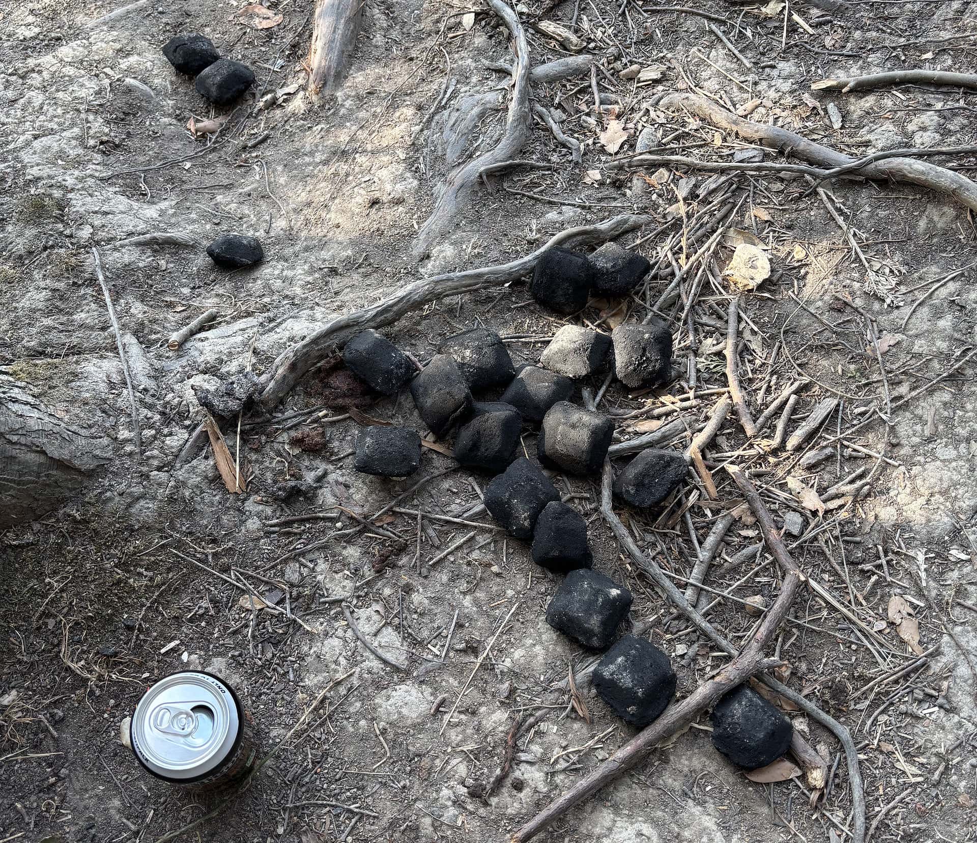 Coals on the ground after campfire in bouldnor forest