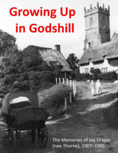 Growing up in Godshill book cover showing black and white photo of Victorian pram at bottom of hill with two maids walking up the hill