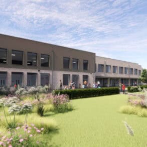 Illustrative Visual of school hall and external play areas