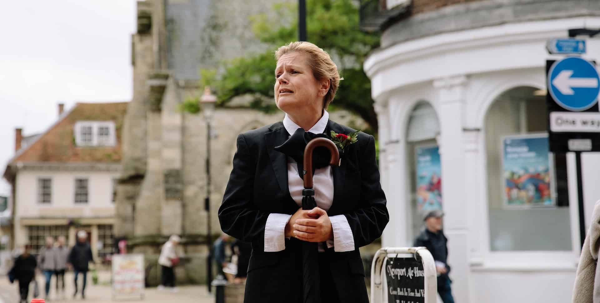 Charlotte at St Thomas's square speaking to walking tour audience