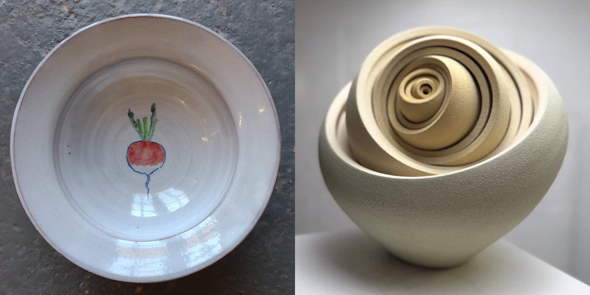 A plate with a radish painted on it, and a complex abstract pot