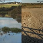 Before and after of Brading Marshes, first half of image showing with water and second without