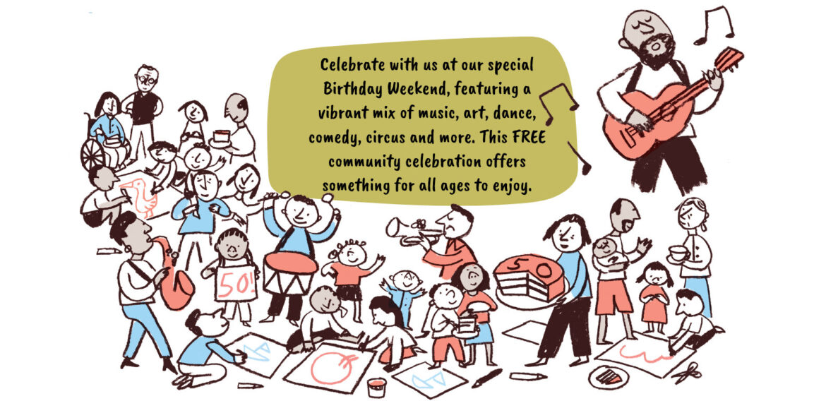 Quay Arts 50th Birthday Weekend Poster with illustrations of people having fun