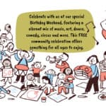 Quay Arts 50th Birthday Weekend Poster with illustrations of people having fun