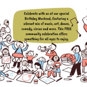 Quay Arts 50th Birthday Weekend Poster with illustrations of people having fun