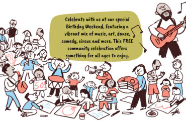 Quay Arts 50th Birthday Weekend Poster with illustrations of people having fun