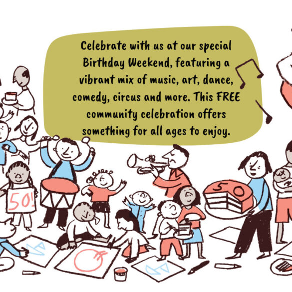 Quay Arts 50th Birthday Weekend Poster with illustrations of people having fun