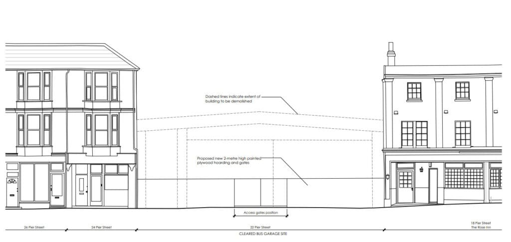 drawing of hoarding across the front of the former coach station 