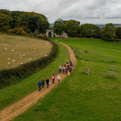 Aerial view of people taking part in the walking festival autumn