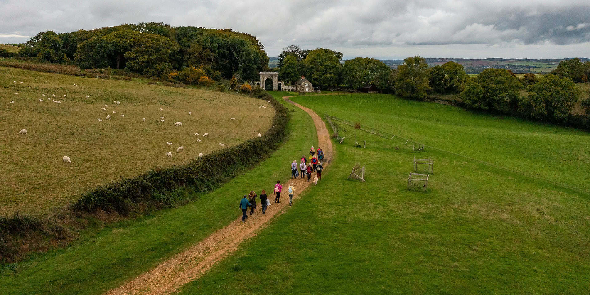 Aerial view of people taking part in the walking festival autumn