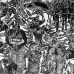 Lino print artwork of women in various activities