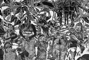 Lino print artwork of women in various activities