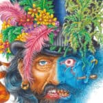 Illustration from book cover showing half a face as bright and colourful, the other side as scary and dark