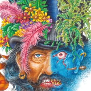 Illustration from book cover showing half a face as bright and colourful, the other side as scary and dark