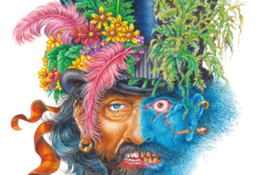 Illustration from book cover showing half a face as bright and colourful, the other side as scary and dark