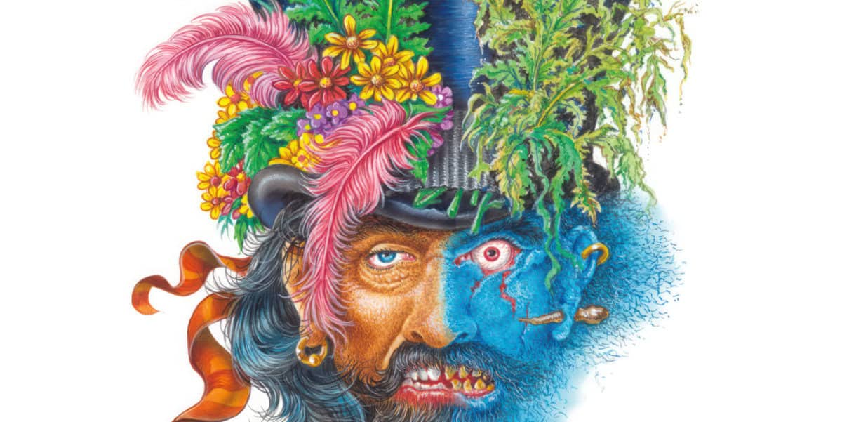 Illustration from book cover showing half a face as bright and colourful, the other side as scary and dark