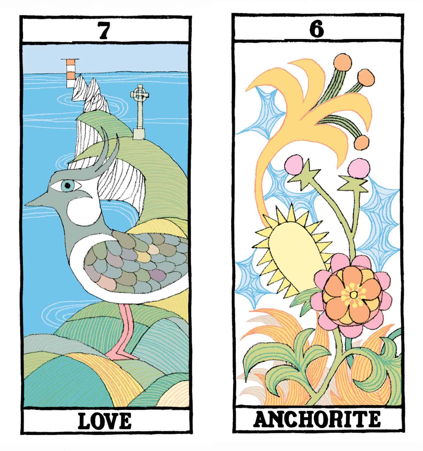 Two illustrated tarot cards