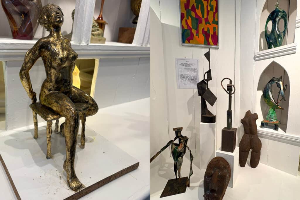 Work by Martin including metal sculptures, glass sculptures and abstract paintings