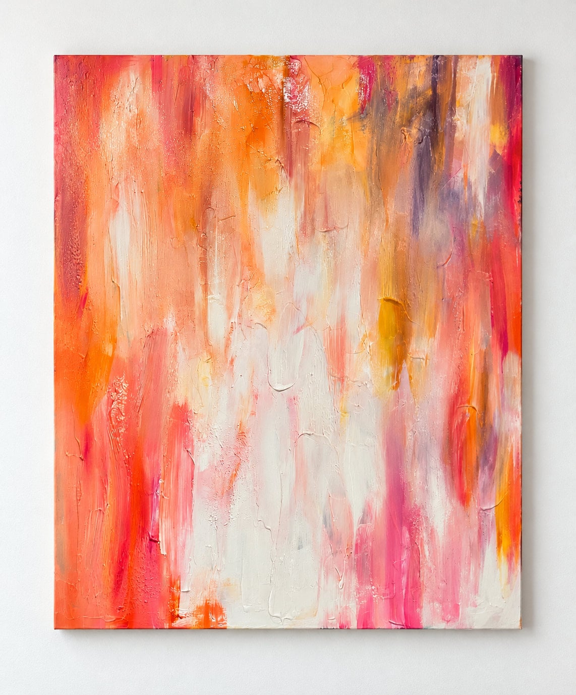 Abstract self portrait, showing smudged lines of colour running down the canvas