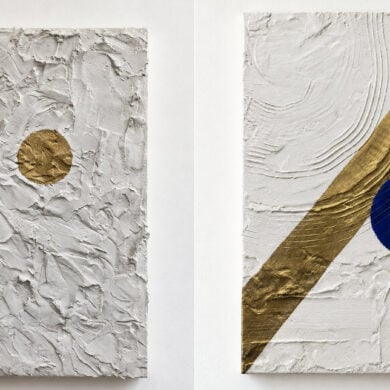 Two paintings side by side - White plaster on canvas with a dark blue circle and a gold circle aligning and White painting with a blue circle on it and gold line running from top to bottom