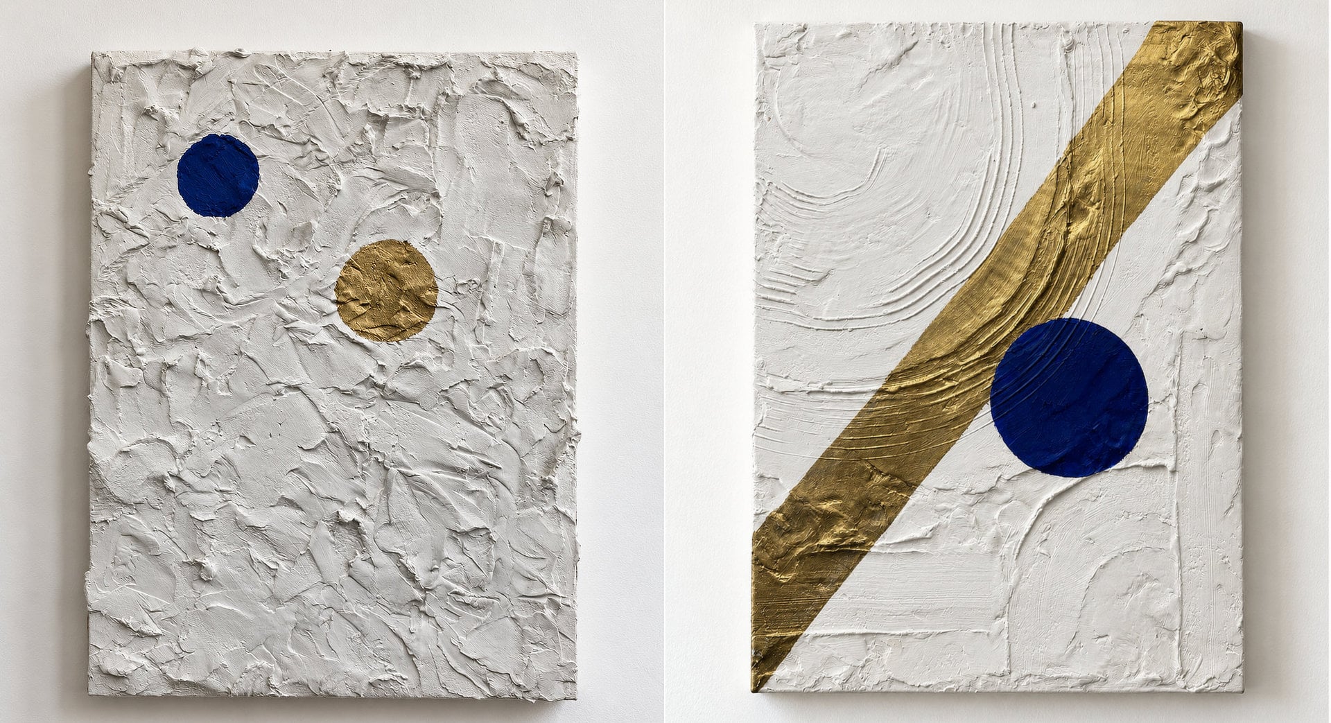 Two paintings side by side - White plaster on canvas with a dark blue circle and a gold circle aligning and White painting with a blue circle on it and gold line running from top to bottom
