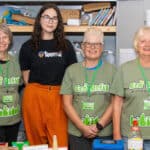 Eco Refill volunteers with Sara Debreceni from Teemill, showing off their new sponsored Eco Refill T shirts