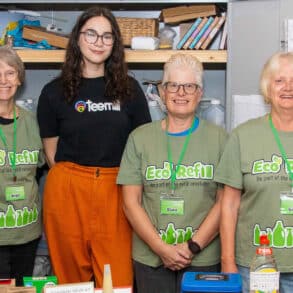 Eco Refill volunteers with Sara Debreceni from Teemill, showing off their new sponsored Eco Refill T shirts