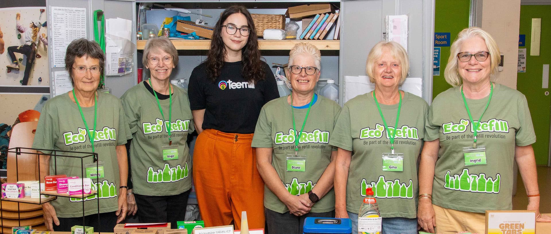 Eco Refill volunteers with Sara Debreceni from Teemill, showing off their new sponsored Eco Refill T shirts