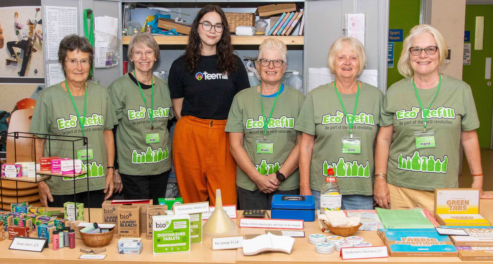 Eco Refill volunteers with Sara Debreceni from Teemill, showing off their new sponsored Eco Refill T shirts